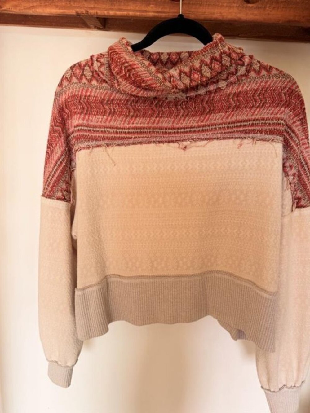 We The Free Free People Cream Rust Cowl Neck Sweater Boho Oversized Size [S]
